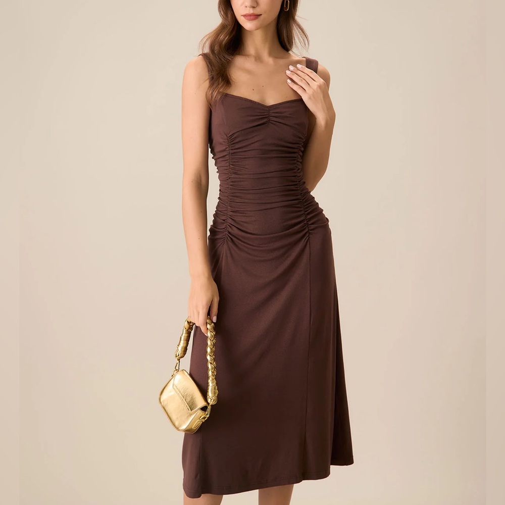 Rihoas Women's Coffee Ruched Knitted Slip Midi Dress